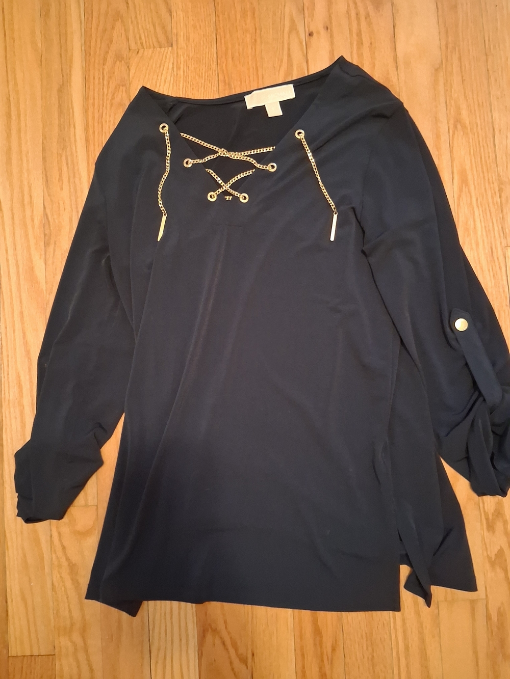 Michael Kors Black Long-Sleeve Lace-Up Top with Gold Chain Accents